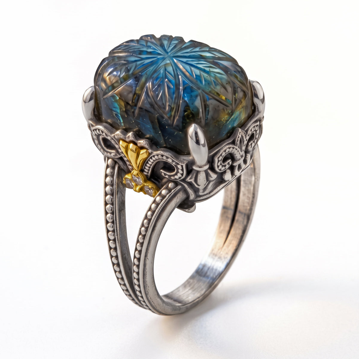 Beginnings aged silver and 18K gold ring with carved labradorite center and diamonds, angled view