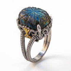 Beginnings aged silver and 18K gold ring with carved labradorite center and diamonds, angled view