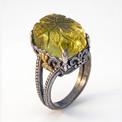 Carved lemon quartz and diamond ring in aged silver and 18K gold, Beginnings, angled view