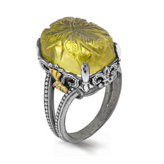AGED SILVER 18K GOLD DIAMONDS RING WITH FLORAL CARVED LEMON QUARTZ