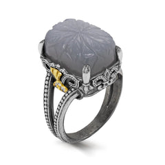 AGED SILVER 18K GOLD DIAMONDS RING WITH FLORAL CARVED GREY MOONSTONE