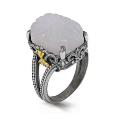 AGED SILVER 18K GOLD DIAMONDS RING WITH FLORAL CARVED WHITE MOONSTONE