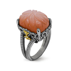 AGED SILVER 18K GOLD DIAMONDS RING WITH FLORAL CARVED PEACH MOONSTONE