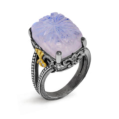 AGED SILVER 18K GOLD DIAMONDS RING WITH FLORAL CARVED RAINBOW MOONSTONE