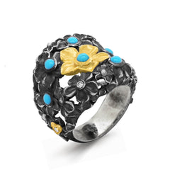TURQUOISE DIAMOND AGED SILVER 18K GOLD FLOWER RING