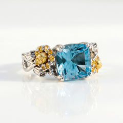 Blossom Aged Silver & 18K Gold Blue Topaz Floral Ring