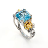 Blossom Aged Silver & 18K Gold Blue Topaz Floral Ring