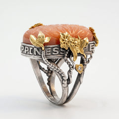 PEACE LOVE HAPPINESS CARVED PEACH MOONSTONE FLORAL RING