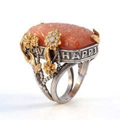 PEACE LOVE HAPPINESS CARVED PEACH MOONSTONE FLORAL RING