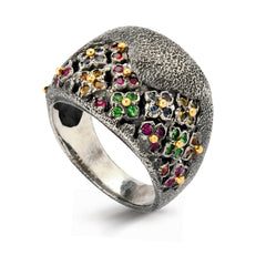 MULTI COLOR SAPPHIRE AGED SILVER 18K GOLD FLORAL RING