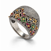 MULTI COLOR SAPPHIRE AGED SILVER 18K GOLD FLORAL RING
