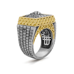 LION HEAD AGED SILVER 18K GOLD MENS RING