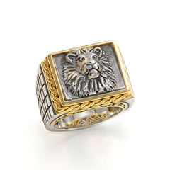 Lion Head Aged Silver and Gold Men's Ring