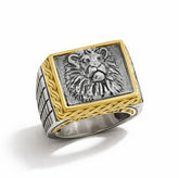LION HEAD AGED SILVER 18K GOLD MENS RING