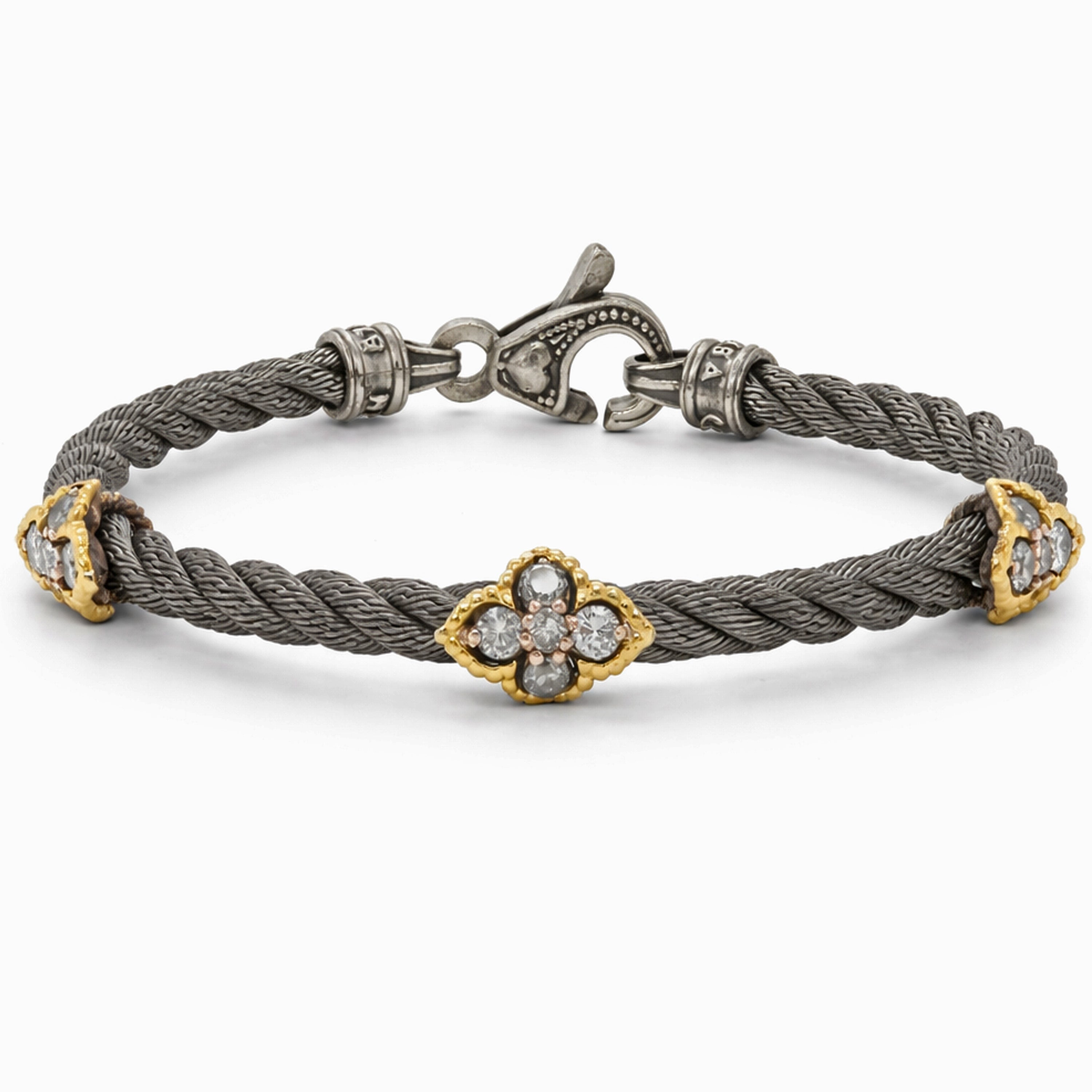 Stambolian Aged Silver 18K Gold Diamond Cable Bracelet with Quatrefoil Station on White Background