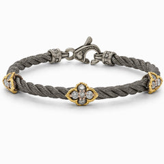 Stambolian Aged Silver 18K Gold Diamond Cable Bracelet with Quatrefoil Station on White Background