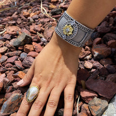 Stambolian Organza Aged Silver and 18K Gold Diamond Floral Cuff Close-Up Studio View
