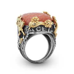 PEACE LOVE HAPPINESS CARVED PEACH MOONSTONE FLORAL RING
