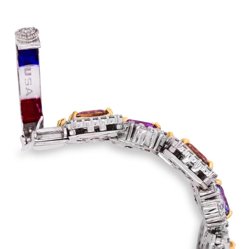 One of a Kind no heat multi-color sapphire and diamond bracelet in 18K gold, close-up of the clasp