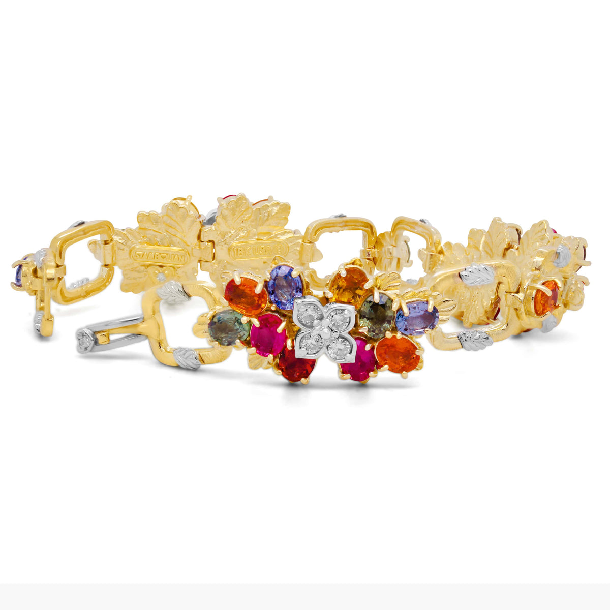 "Enchanted Garden" 18K two-tone gold multi-color sapphire bracelet, close-up of the flower and clasp