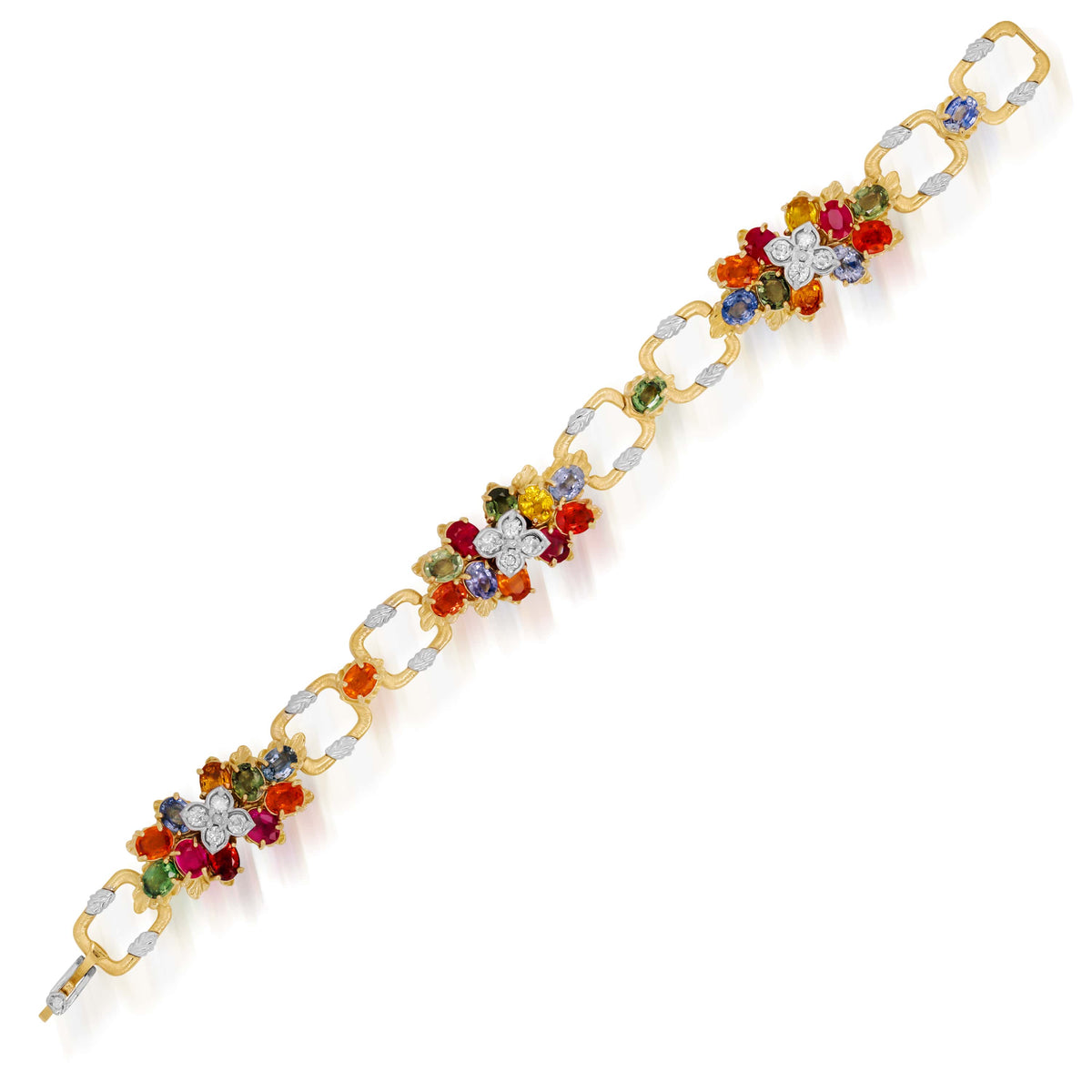 "Enchanted Garden" 18K two-tone gold bracelet with three multi-color sapphire diamond flowers, top-down view