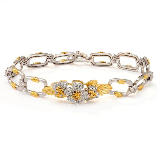 "Enchanted Garden" 18K two-tone gold bracelet with fancy yellow and white diamond flowers, front view