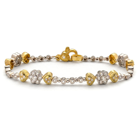 "Happiness" diamond hearts and flowers bracelet in 18K two-tone gold, front view with the heart clasp