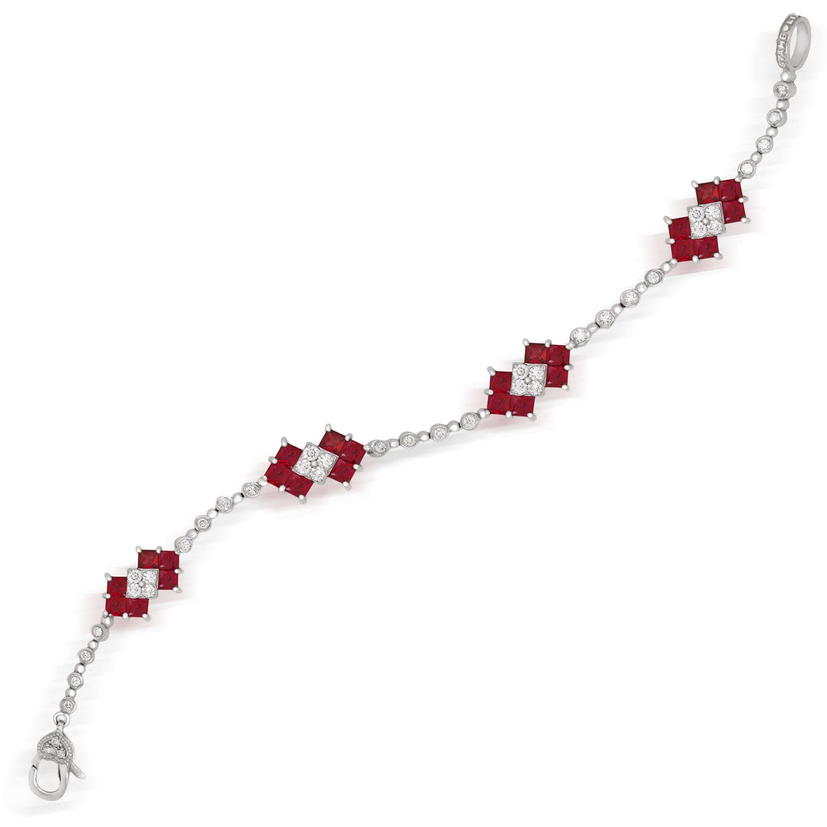 Princess cut ruby and diamond bracelet in 18K white gold, top-down view with clasp