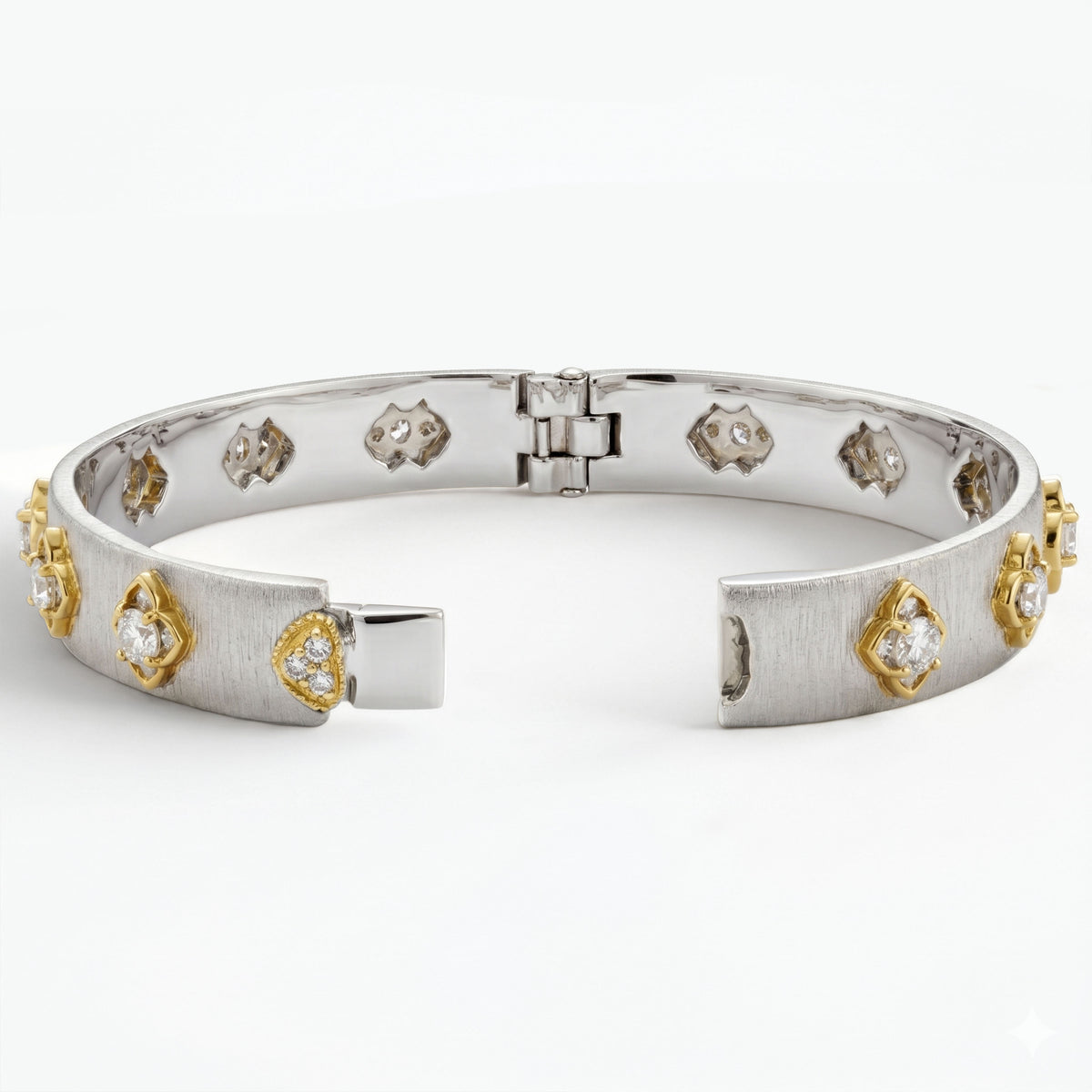 18K white and yellow gold brushed matte diamond bangle, shown open with its hinge and clasp