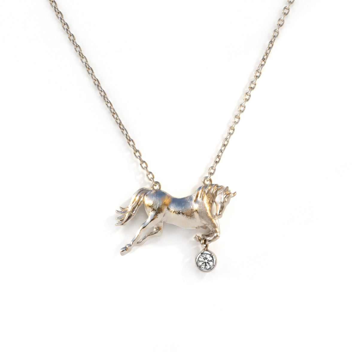 18K white gold and diamond equestrian horse charm pendant on a chain, front view