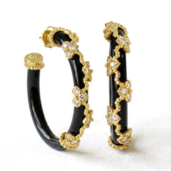 Black Lace 18K Gold Diamond Onyx Spiral Hoop Earrings