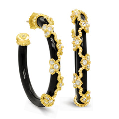 BLACK LACE 18K GOLD DIAMOND ONYX TWISTED SPIRAL HOOP EARRINGS