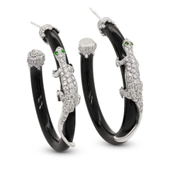 LIZARD 18K WHITE GOLD DIAMOND ONYX HOOP EARRINGS