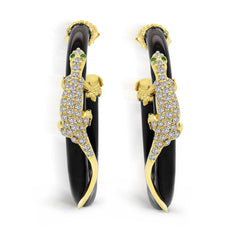 LIZARD 18K GOLD DIAMOND ONYX HOOP EARRINGS