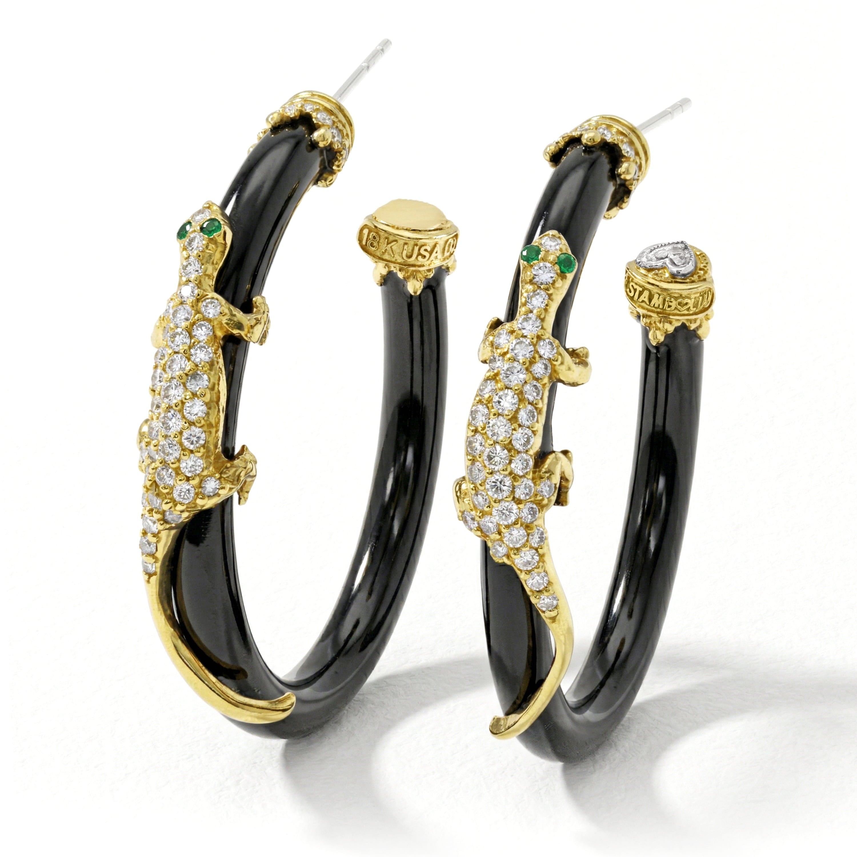 Stambolian 18K Yellow Gold Pavé Diamond Lizard on Black Onyx Hoop Earrings Front View