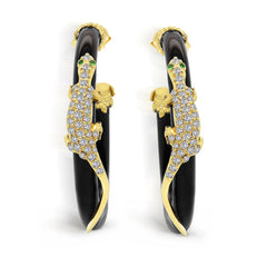 LIZARD 18K GOLD DIAMOND ONYX HOOP EARRINGS