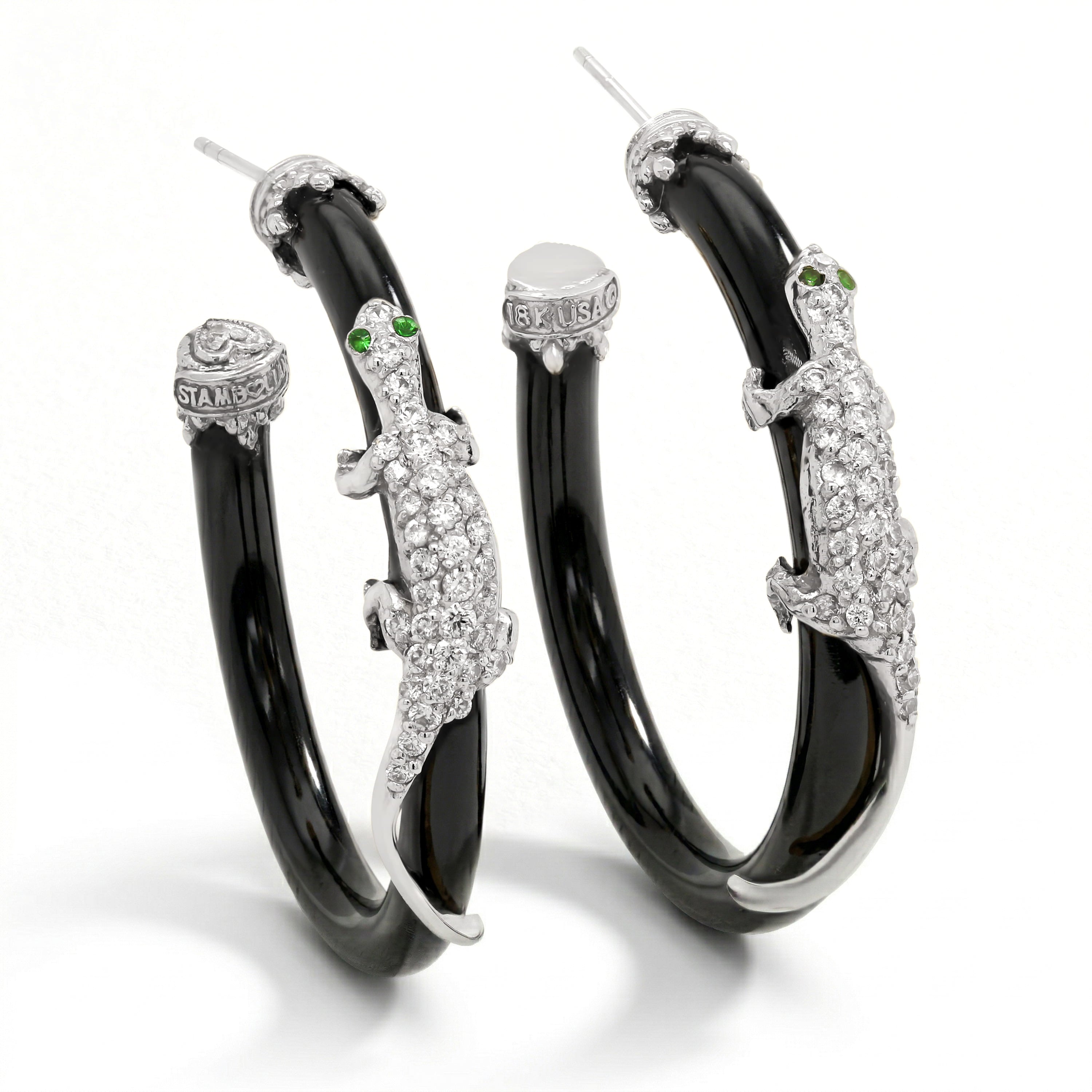 Stambolian 18K White Gold Pavé Diamond Lizard on Black Onyx Hoop Earrings Front View