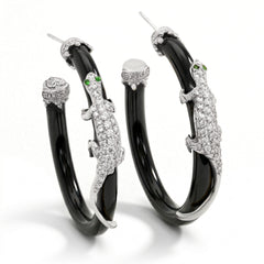 Stambolian 18K White Gold Pavé Diamond Lizard on Black Onyx Hoop Earrings Front View