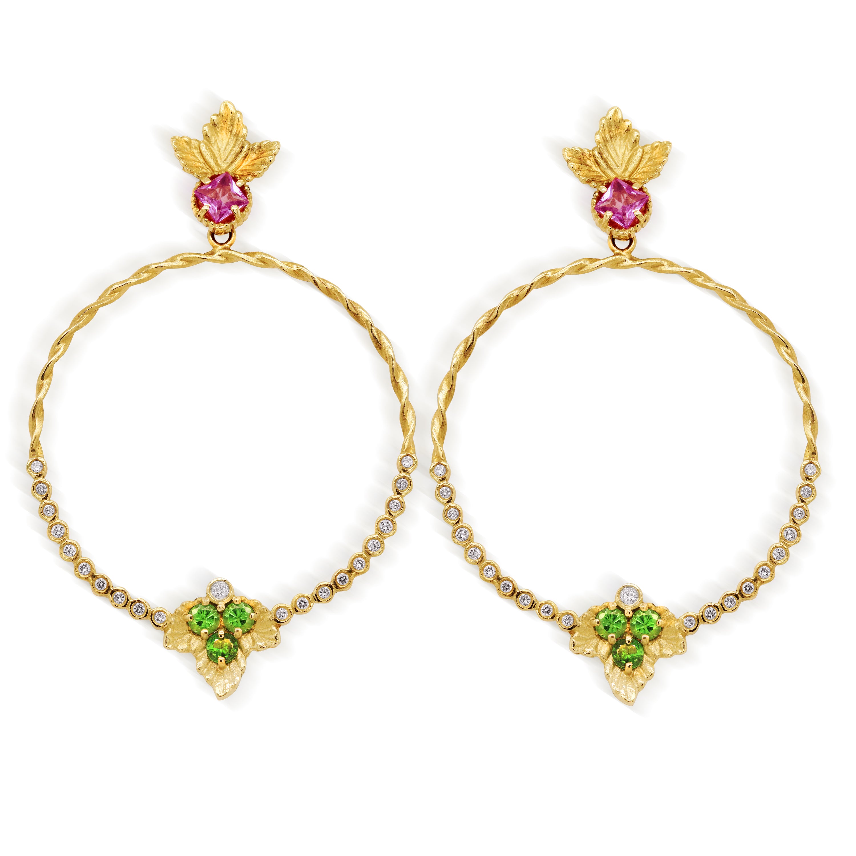 ENCHANTED GARDEN TSAVORITE PINK SAPPHIRE DIAMOND CIRCLE DANGLE EARRINGS - Stambolian | House of Jewels