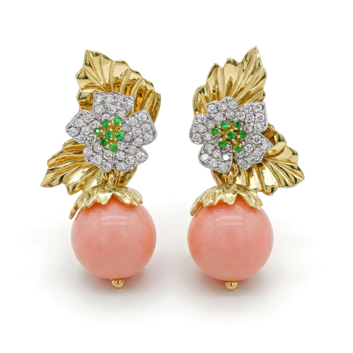 "Enchanted Garden" pink Peruvian opal, tsavorite and diamond earrings in 18K two-tone gold, front view of the pair