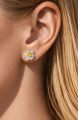 ENCHANTED GARDEN CANARY YELLOW AND WHITE DIAMOND FLOWER STUD EARRINGS