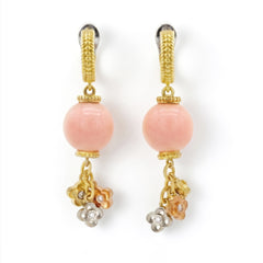 Pink Peruvian Opal Tri Color Gold Floral Dangle Earrings