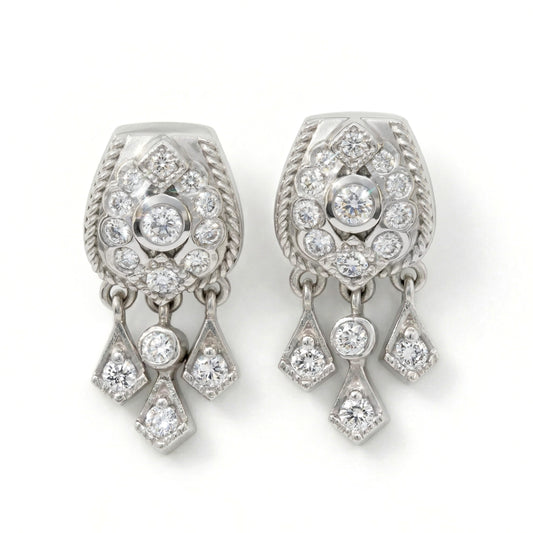 "Karizma" dangling earrings in 18K white gold with diamonds, pair shown together
