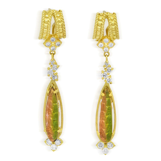 Watermelon tourmaline and diamond dangle earrings in 18K gold, front view of the pair