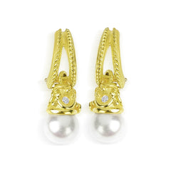 18K GOLD DIAMOND PEARL DROP DANGLE EARRINGS