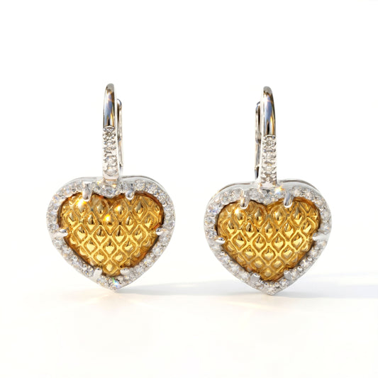 "Everything Hearts" diamond heart lever back earrings in 18K two-tone gold, pair shown together