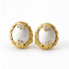 Mayflower White Agate Diamond Floral Button Earrings