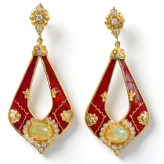 Colors of Life Red Enamel Opal Diamond Earrings