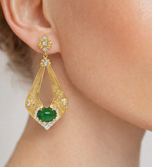 Stambolian 18K Gold Oval Tsavorite Cabochon Diamond Drop Earrings Close-Up
