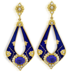 COLORS OF LIFE BLUE ENAMEL TANZANITES DIAMOND EARRINGS